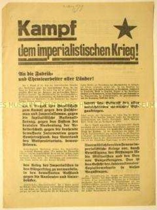 Programmatischer Aufruf an die Fabrik- und Chemiearbeiter zur Großdemonstration am 1. August gegen Imperialismus und Giftgaskrieg - pro Schutz der Sowjetunion