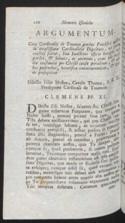 Argumentum. Cum Cardinalis de Tournon gratias Pontifci egisset de amplimissima ... Dilecto Filio Nostro, Carolo Thomae, ... Clemens PP. XI.