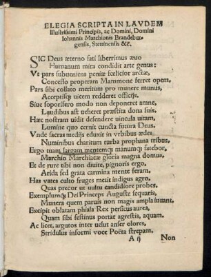 Elegia Scripta In Laudem Illustrissimi Principis, ac Domini, Domini Iohannis Marchionis Brandeburgensis, Stettinensis &c.