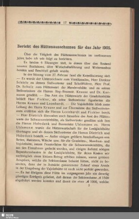 Bericht des Hüttenausschusses für das Jahr 1905