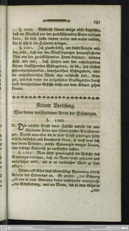 Neunte Vorlesung. Von denen verschiedenen Arten der Schmerzen