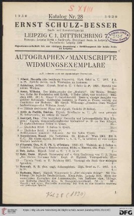 Nr. 28: Räumungs-Katalog: Autographen, Manuscripte, Widmungsexemplare