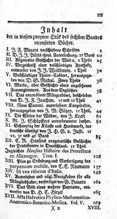 Inhalt der in diesem zweyten Stük des sechsten Bandes recensirten Bücher.