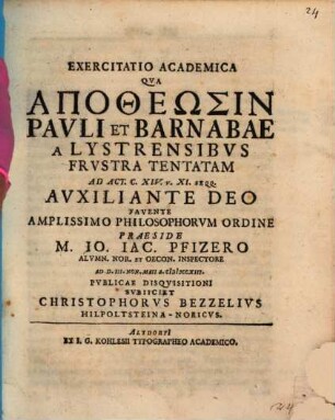 Exercitatio Academica Qva Apotheōsin Pavli Et Barnabae A Lystrensibvs Frvstra Tentatam : Ad Act. C. XIV. V. XI. Seqq.