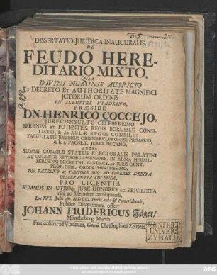 Dissertatio Juridica Inauguralis, De Feudo Hereditario Mixto