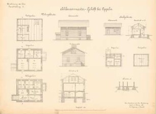 Kanalisierung der Oder Schleuse, Oppeln: Schleusenmeistergehöft: Ansichten, Grundrisse, Schnitte 1:100