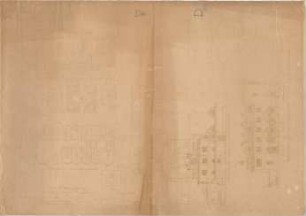 Thiersch, August ; München - Schwabing; Kath. Pfarrkirche St. Ursula - Bebauung des Kirchenplatzes (Grundriss Anbau, Grundriss EG, Grundriss OG, Ansichten, Querschnitt)