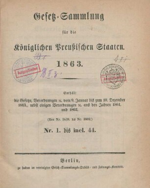 1863: Gesetzsammlung für die Königlich-Preußischen Staaten