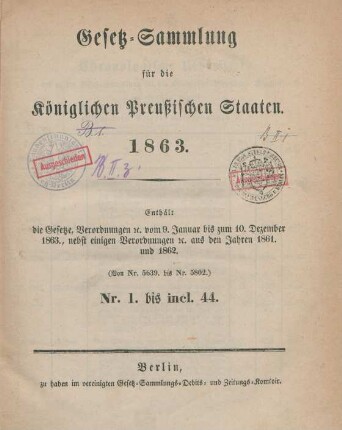 1863: Gesetzsammlung für die Königlich-Preußischen Staaten