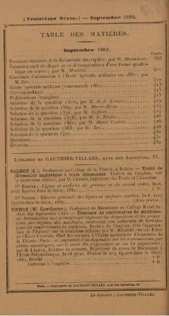 Table des matières. Septembre 1882.
