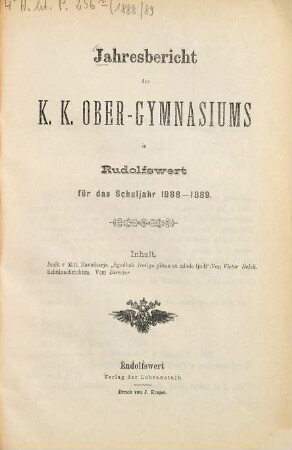 Jahresbericht des K.K. Obergymnasiums in Rudolfswert : für das Schuljahr .... 1888/89