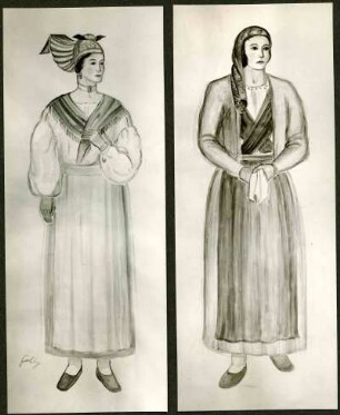 Trachtenbilder. Zeichnung zweier Frauen in Volkstracht