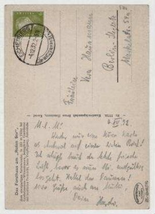 Ansichtspostkarte von Eberhard Rogge an Vera Hausmann. [Eichenberg]