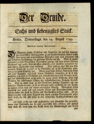 Sechs und siebenzigstes Stück. Berlin, Donnerstags, den 14. August 1749