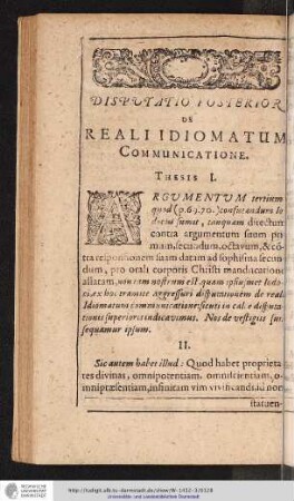 Disputatio Posterior de Reali Idiomatum Communicatione.