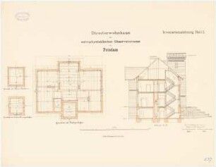 Astrophysikalisches Observatorium auf dem Telegrafenberg, Potsdam: Direktorenwohnhaus: Grundriss Dachgeschoss, Querschnitt; Turm: Grundriss oberstes Geschoss und Plattform 1:100