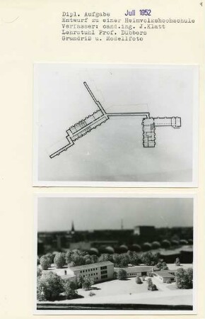 Entwurf Heimvolkshochschule (Diplomarbeit bei Kurt Dübbers): Grundriss Kellergeschoss und Modellfoto