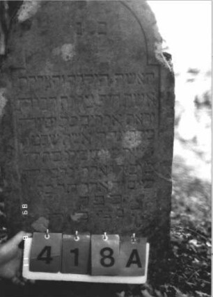 Grabstein 418 (Index: 99800290) Material: Sandstein Zustand: verwittert, angeschlagen Maße HxBxT: 107x52x10 cm Beschreibung: Stele, eingezogener Rundbogenabschluß, Schriftfeld eingetieft: Grabstein 418A