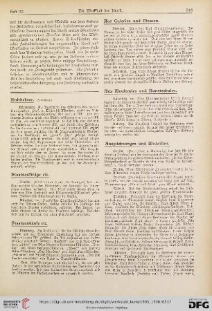 Architektur / Staatsaufträge etc. / Staatsankäufe etc. / Aus Galerien und Museen / Aus Akademien und Kunstschulen / Auszeichnungen und Medaillen / Personal-Nachrichten / Todesfälle / Aus Künstler- und Kunst-Vereinen / Vermischtes / Ein Preisausschreiben