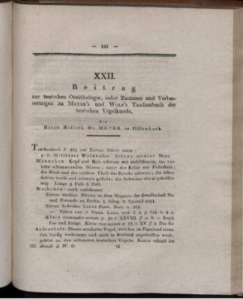 XXI. Beitrag zur teutschen Ornithologie, nebst Zusäzzen und Verbesserungen zu Meyer's und Wolf's Taschenbuch der teutschen Vögelkunde.