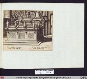 Sarkophag mit Putti, die Schilder und Speere tragen.