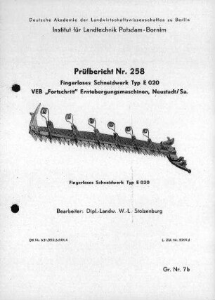 Fingerloses Schneidwerk, Typ E 020