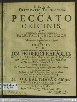 Disputatio theologica de peccato originis