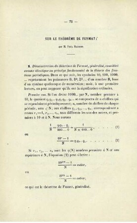 Sur le théorème de fermat.