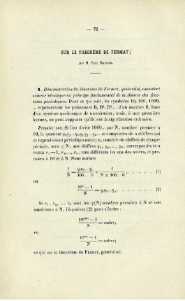 Sur le théorème de fermat.
