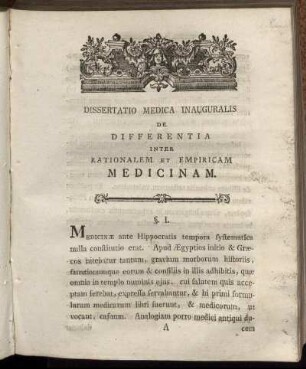 Dissertatio Medica Inauguralis De Differentia Inter Rationalem Et Empiricam Medicinam.