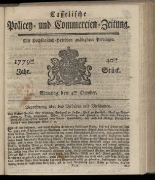 40tes Stueck, Montag den 4ten October. 1779