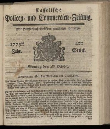 40tes Stueck, Montag den 4ten October. 1779