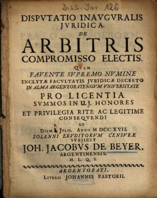 Dispvtatio Inavgvralis Jvridica, De Arbitris Compromisso Electis