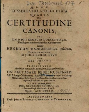 Dissertatio Apologetica Qvarta De Certitudine Canonis