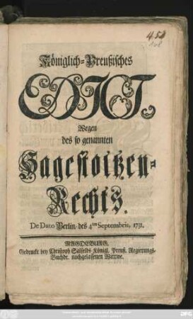 Königlich-Preußisches Edict, Wegen des so genannten Hagestoltzen-Rechts : De Dato Berlin, des 4ten Septembris, 1731.