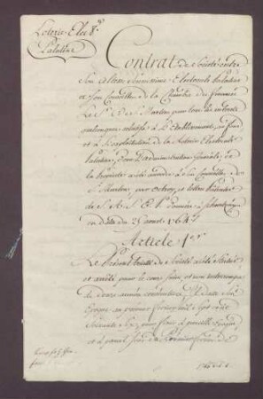 Pacht- und Gesellschaftskontrakt des Kurfürsten Karl Theodor von der Pfalz mit dem Baron Claude de St. Martin, wegen Fortführung der Zahlenlotterie.