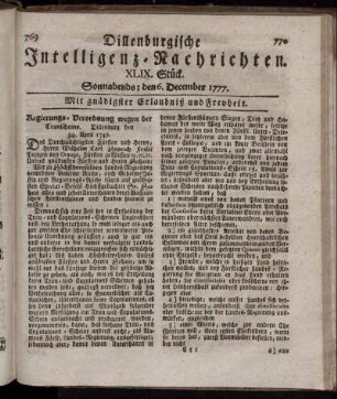 XLIX. Stück. Sonnabends: den 6. December 1777.