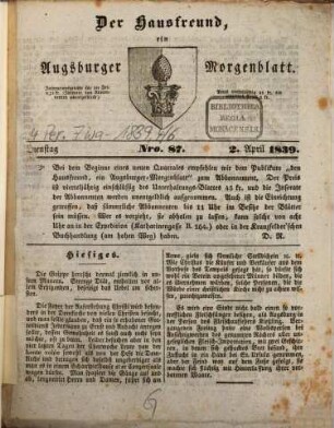 Der Hausfreund : ein Augsburger Morgenblatt. 1839, 87 (02.Apr.) - 171 (27.Juni)