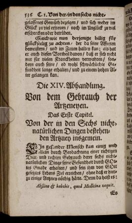 Die XIV. Abhandlung. Von dem Gebrauch der Artzeneyen.