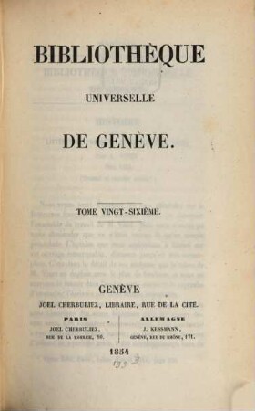 Bibliothèque universelle de Genève. 26. 1854