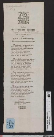 Unsrer Geliebtesten Mutter gewidmet am 30. August 1785. als Jhrem 51sten Geburtstage