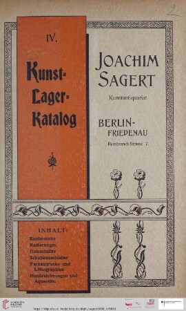 Nr. 4: Kunst-Lager-Katalog von Joachim Sagert, Kunstantiquariat: Kupferstiche, Radierungen, Holzschnitte, Schabkunstblätter, Farbendrucke und Lithographien, Handzeichnungen und Aquarelle