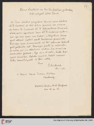 Briefabschriften von Ernst Volger (1888) aus der Sammlung Rehdiger der Stadtbibliothek Breslau. Teil I: Baudiss, Beutterich, Ehemius, Haller, Melissus, Ostrorog, Pareus, Rehdiger und Reuter.: Brief von Peter Beutrich an Melchior Sebisch : Abschriften von Ernst Volger (1882/86)
