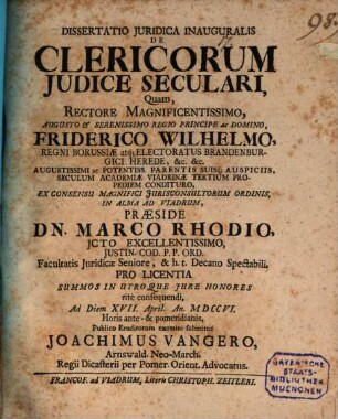Dissertatio Juridica Inauguralis De Clericorum Judice Seculari