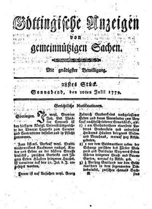 28tes Stück. Sonnabend, den 10ten Julii 1779.