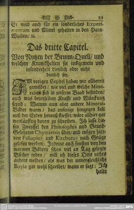 Das dritte Capitel. Vom Nutzen der Brunn-Qell, und welchen Kranckheiten sie insgemein und insonderheit dienlich oder nicht dienlich sey
