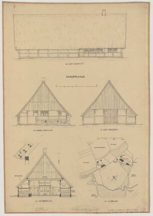 Dumpte bei Borghorst (Kreis Steinfurt): Hof Greiwe. - Lageplan. - Haupthaus (Nordansicht, Ostansicht, Südansicht, Querschnitt)