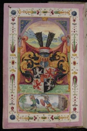 Wappen des Fürsten Philipp Otto zu Salm, Wild- und Rheingraf in Dhaun-Kyrburg, Architekturrahmen, Landschaftsbild, kämpfende Gladiatoren