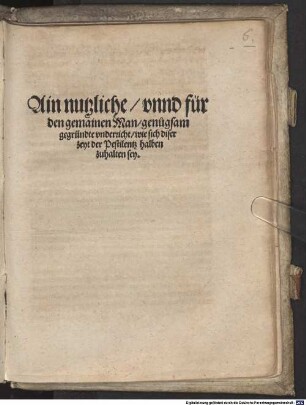 Ain nutzliche vnnd für den gemainen Man genugsam gegründte vnderricht wie sich diser zeyt der Pestilentz halben zuhalten sey