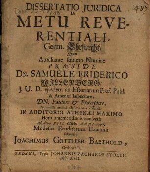 Dissertatio iuridica de metu reverentiali, germ. Ehrfurcht